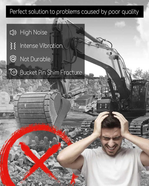 Man holding head in distress with an excavator in the background. Text highlights issues solved by bucket pin shim kits.
