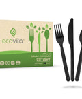 Fully Compostable 380 Piece Cutlery Set With 7 Inch Forks Spoons And Knives In Black Tray Eco Friendly Durable Heat Resistant Plastic Alternative For Parties And Events Great For Camping Picnic Catering And Office Lunches. black compostable fork, knife and spoon set with packaging