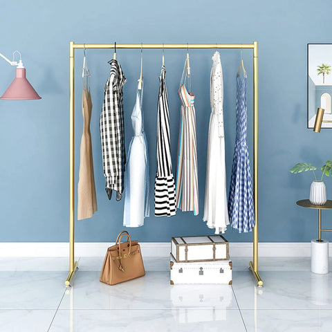 Heavy Duty Free Standing Pipe Clothes Rack With Golden Coat Hanger Durable Drying Rack for Bedroom over tile floor