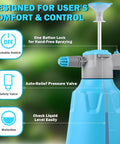 Close-up of blue and gray Hand Pump Sprayer 1/2 Gallon Leak Proof Water Mister With Adjustable Nozzle and control features.