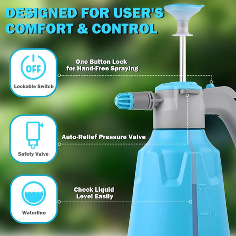 Close-up of blue and gray Hand Pump Sprayer 1/2 Gallon Leak Proof Water Mister With Adjustable Nozzle and control features.