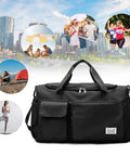 Sturdy black workout bag with separate wet dry zipped areas, versatile for travel and gym, featuring organized compartments.