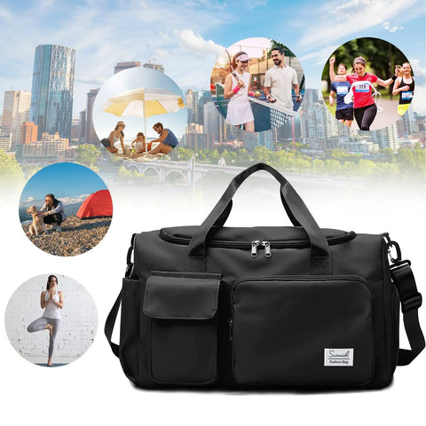 Sturdy black workout bag with separate wet dry zipped areas, versatile for travel and gym, featuring organized compartments.