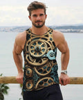 Street Style Dope Steampunk Mechanical Gears Print Mens Tank Top Hella Breathable Ultra Lightweight Quick Dry Sleeveless Gym Shirt For Casual Workouts Black worn by a man outdoors by the water.