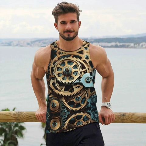 Street Style Dope Steampunk Mechanical Gears Print Mens Tank Top Hella Breathable Ultra Lightweight Quick Dry Sleeveless Gym Shirt For Casual Workouts Black worn by a man outdoors by the water.