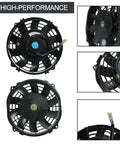 Universal 7 Inch Slim Radiator Cooling Fan With Ten Rugged Blades And 12 Volt Electric Push Pull Layout Comes Loaded With Sturdy Mount Brackets And Straps Kit Matte Black Paint, showing top and side views.