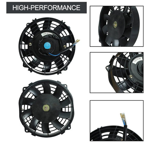 Universal 7 Inch Slim Radiator Cooling Fan With Ten Rugged Blades And 12 Volt Electric Push Pull Layout Comes Loaded With Sturdy Mount Brackets And Straps Kit Matte Black Paint, showing top and side views.