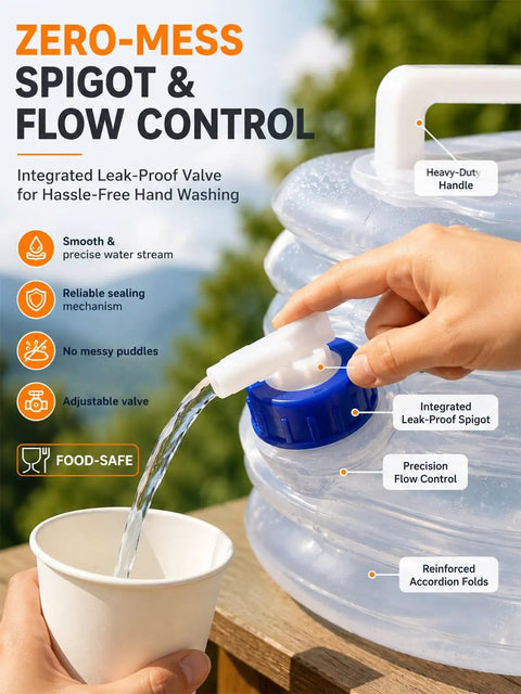 Collapsible Water Tank With Spigot For Camping And Road Trips in use, pouring water into a cup, showing handle and spigot.
