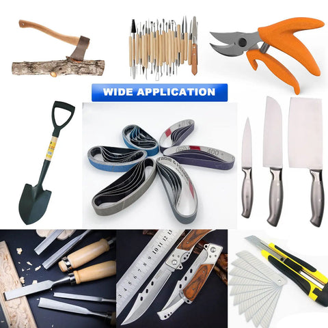 Three Quarter Inch By Twelve Inch Replacement Sanding Belt Kit For Ken Onion Edition Knife And Tool Sharpener Includes Belts In Grits 80 120 240 400 1000 2500 For Precise Edge Refinement with various tools for demonstration