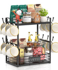 Coffee Mug Organizer Rack For Countertop, 2 Tier Mug Stand With 12 Hooks, displaying mugs, coffee essentials, black metal