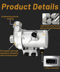 Product details showing Dead Nuts Reliable Electric Water Pump For BMW 328i 325i X5 X3 528i with aluminum casing and 4 pins connector.
