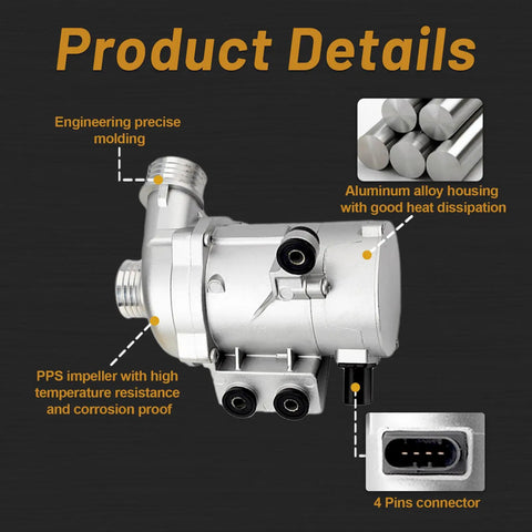 Product details showing Dead Nuts Reliable Electric Water Pump For BMW 328i 325i X5 X3 528i with aluminum casing and 4 pins connector.
