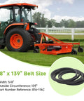 Heavy Duty Replacement V Belt For Mower Deck 5/8 By 139 Inches shown with a lawn tractor and mowing deck, highlighting its rubber construction.