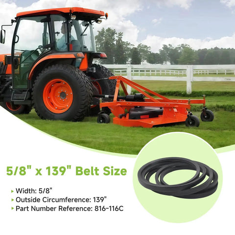 Heavy Duty Replacement V Belt For Mower Deck 5/8 By 139 Inches shown with a lawn tractor and mowing deck, highlighting its rubber construction.