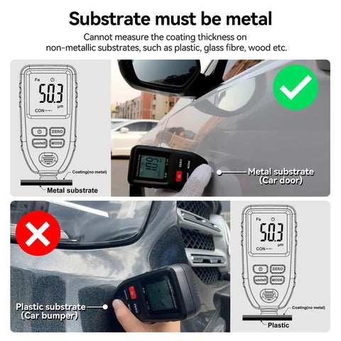 Dual Tech Coating Thickness Gauge For Auto Paint With Auto Detection Of Steel And Aluminum Ferrous And Non Ferrous Substrates Pro Grade Mil Gauge For Car Body Finish Easy To Use DIY Garage Tool on metal car door and plastic bumper