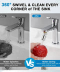Image comparing splash from faucet before and after using four mode chrome faucet aerator delivering smooth as butter water flow.