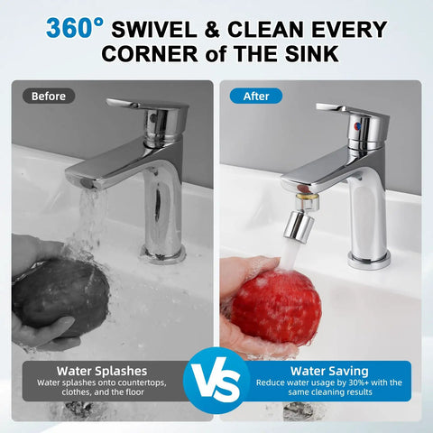 Image comparing splash from faucet before and after using four mode chrome faucet aerator delivering smooth as butter water flow.