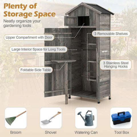 Outdoor Wooden Storage Shed With Tall Vertical Tool Cabinet Folding Table And Removable Shelves For Your Patio Deck Backyard And Lawn Grey Finish 30x20x70 Inches with labels detailing storage space features.