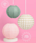 Six Pack Paper Camp Lantern Set In Pink Green And Tan For Bachelorette Parties with 10" green, 12" tan, 12" pink lanterns