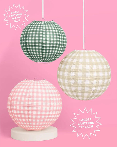 Six Pack Paper Camp Lantern Set In Pink Green And Tan For Bachelorette Parties with 10" green, 12" tan, 12" pink lanterns