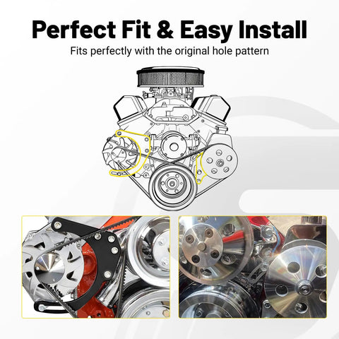 Diagram of Aluminum SBC Alternator And Power Steering Pump Drive Bracket Kit With Pulley for Chevy engines with V-belt system.