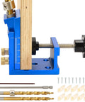 Close-up of All In One Pocket Hole Jig Kit Pro Grade Heavy Duty Metal Pocket Screw Jig with accessories for woodworking