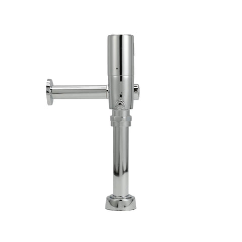Exposed Sensor Toilet Flush Valve In Chrome Finish With Battery Operated Detection And Ultra Low 1.1 GPF Rating For Commercial Restrooms, side view.