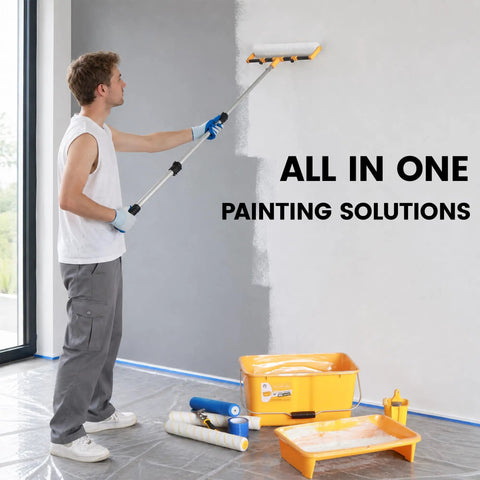 Man using 18 Inch Paint Roller Kit With Extension Pole Rocks Smooth Microfiber Covers For Hella Quick Wall Coverage to paint a wall.