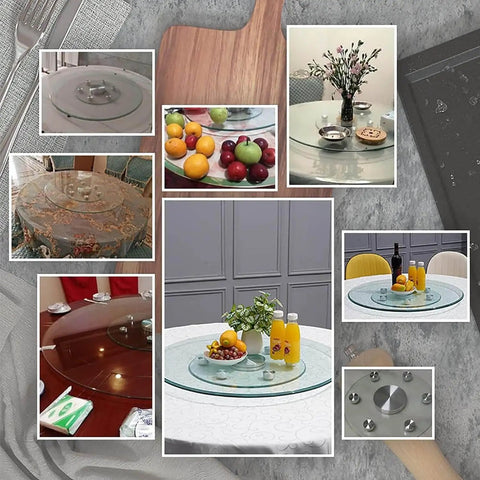 Images of Heavy Duty Tempered Glass Lazy Susan Turntable 32 Inch Round Rotating Tray Kitchen Dining Table Server with various foods and drinks.