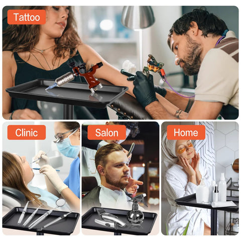 Height Adjustable Rolling Salon Tray on Wheels with Multi Level Height Range from 28 to 44 Inches, used in tattoo, dental, and salon settings
