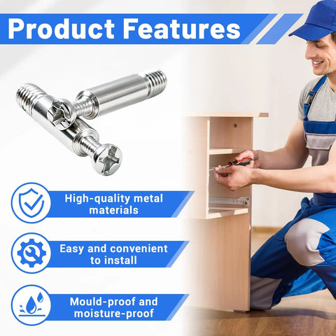 60 Pack 35mm Furniture Connecting Fittings With 6mm Thread Cam Lock Fasteners displayed with worker and furniture installation