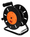 Extension Cord Storage Reel With Hand Crank, 4 Outlets, 15 Amp Overload Switch, Heavy-Duty Metal Stand, Black and Orange