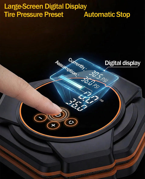 150 PSI Portable Tire Inflator Air Compressor. 4X Faster Inflation For Cars And Bikes. Dual Digital Display, Auto Shut-Off, And Bright LED Light. Compact Handheld Pump With 12V DC Car Plug. Fast Precise Air Flow At 35L Min Max Pressure.