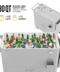 80 Quart Rolling Ice Chest On Wheels For Outdoor Parties with built-in storage cabinet, open lid showing drinks inside