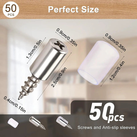50 Pcs Heavy Duty Cabinet Shelf Support Pegs With Non Slip Silicone Sleeves And No Fuss Install Rust Resistant Metal Bracket Kit For Closets Bookcases And Pantries, showing sizes of metal screws and silicone sleeves.