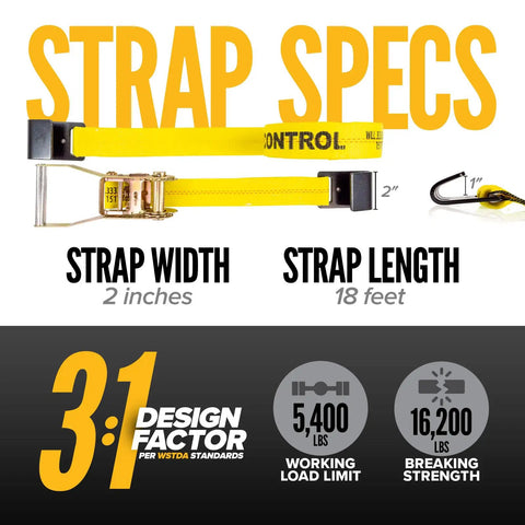 Heavy Duty 2 Inch X 18 Foot Flat Hook Ratchet Straps 2 Pack With 10000 Lbs Break Strength and Hook Defenders, showing strap specs.