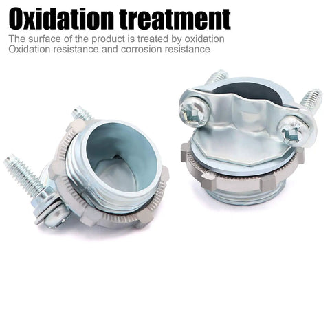 12 Pack One Half Inch Clamp Type Cable Connectors For Metallic Conduit Zinc Die Cast Silver Finish shown close-up with oxidation treatment