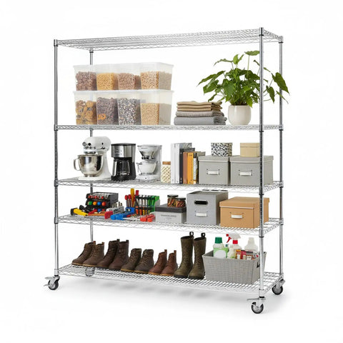 Heavy Duty 5-Tier Wire Storage Rack On Wheels, Tool-Free Assembly, Each Shelf Supports 250 Kg, Garage And Workshop Shelving