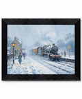 Impressionist Vintage Steam Train Canvas Print With Black Frame For Cozy Living Room Vibe And Office Wall Decor Snowy Winter Scene With Mist And Glowing Amber Light 16x20 Inch Poster Locomotive Art