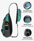 Compact green Packable Small Crossbody Sling Backpack for Hiking and Travel, showing compartments, pouches and bottle holder