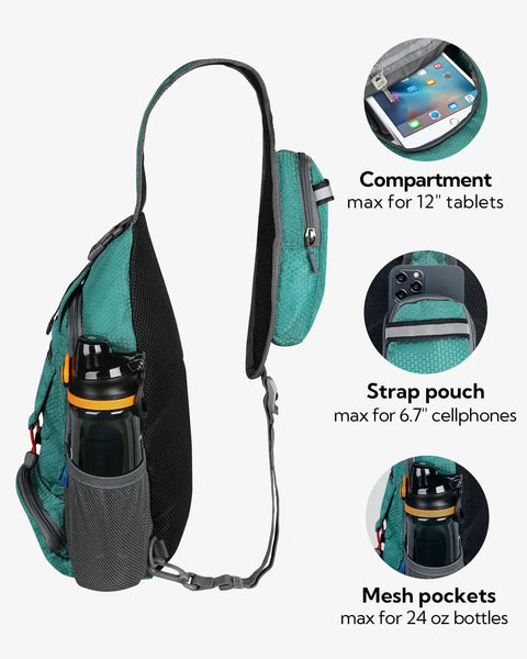 Compact green Packable Small Crossbody Sling Backpack for Hiking and Travel, showing compartments, pouches and bottle holder