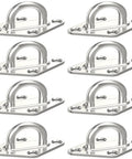 Eight Pack 2.3 Inch 304 Stainless Steel Pad Eye Plates With Screws And Anchors For Suspension And Ceiling Hooks Marine Use Heavy Duty Hardware Holds Up To 200 Pounds, arranged in two rows of four.