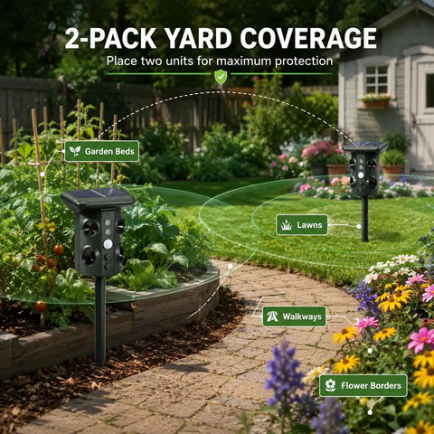 2-pack yard coverage with Outdoor Ultrasonic Animal Deterrent With Motion Sensor, Solar Powered Pest Repeller, 3 In 1 System With Ultrasound, Flashing LED Light, And Ground Vibration To Deter Snakes, Moles, Voles, And Gophers In Your Yard.