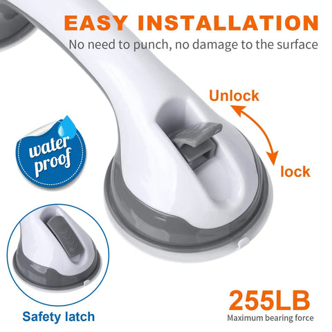 Close-up of 2 Pack 12 Inch Shower Grab Bars With Strong Suction Cups showing safety latch and waterproof feature