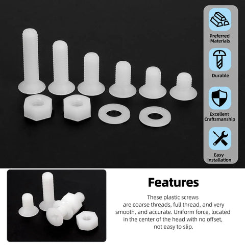 Top Shelf 360 Piece M5 Nylon Phillips Countersunk Head Machine Screws Kit With Hex Nuts And Washers In White assorted sizes on black background.