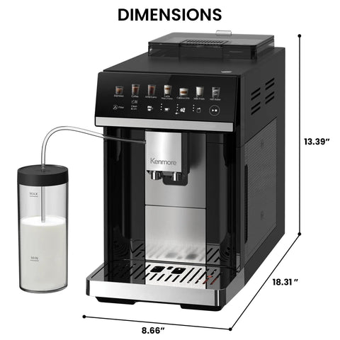 Heavy Hitter Fully Automatic Espresso Maker Featuring Bright Color Touchscreen, One Touch Drink Presets, Integrated Bean Grinder And Milk Frother For Smooth Daily Barista Brews At Home with milk frother.