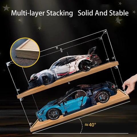 Two multi-layer stacking display cases with LEGO cars, showcasing Ultra Clear Acrylic Display Case For Lego 75396 Desert Airship And Sarlacc Crater.