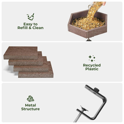 Clamp On Deck Bird Feeder With 11 Inch Hexagon Tray No Drill Balcony Railing Mount 2.2 Inch Clamp Adjustable Recycled Plastic Seed Tray
