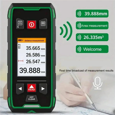 Kickass 5-In-1 Wall Scanner Featuring Advanced Sensor Tech And Bright Lcd Readouts showing distance and area measurements on display.