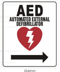 AED sign with black text, red heart and lightning bolt, and a rightward arrow on white background.